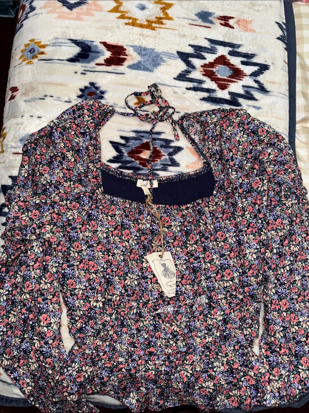 Easel (blueberry color) Smocked Floral Halter-Neck Blouse in Navy & Pink